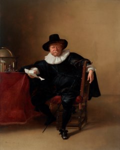 Portrait of a gentleman holding a letter, full-length, seated with a sword beside a draped table with a globe, candlestick, inkwell, books and letter