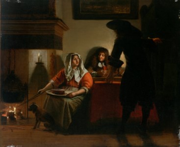An interior with two gentlemen and a woman beside a fire