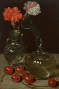 A glass vase with flowers and a kuttrolf surrounded by cherries, on a ledge