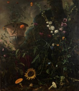 A forest floor with hollyhocks, roses, blue-lace flowers, a sunflower and toadstools, with marigolds in an urn beyond