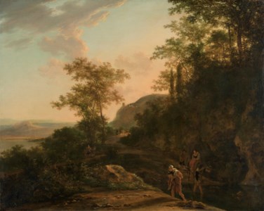 A mountainous Italianate landscape with travellers on a path and a ford