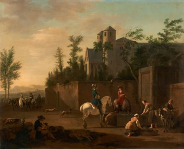 Gentlemen watering their horses and washerwomen at a fountain, a peasant playing with a dog, travelers and the Church of St. Pantaleon, Cologne, beyond