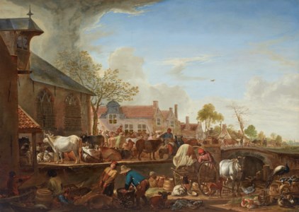 A cattle market by a canal on the outskirts of town