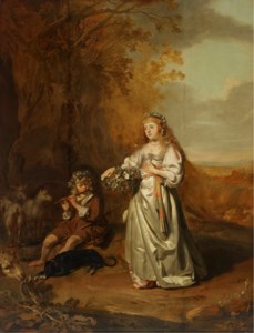 Portrait of a young woman as Flora with a shepherd playing a flute in a landscape