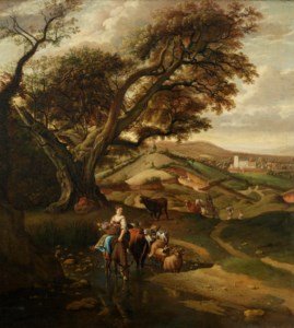A pastoral landscape with a shepherdess on a donkey carrying a basket of flowers fording a stream, another rider with sheep and cattle and a village beyond