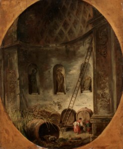 A mother and child drawing wine from a barrel in a ruined wine cellar