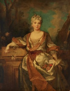 Portrait of Jeanne-Henriette Augustine de Fourcy, Marquise de Puységur (1692-1737), full-length, in a landscape