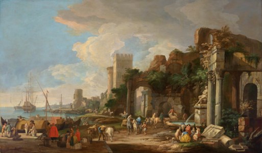 A port scene with classical ruins and a fountain