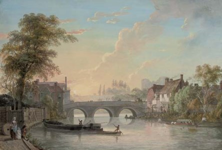 View of Tonbridge, with the bridge and houses, coal and pleasure boats in the foreground and the castle keep beyond