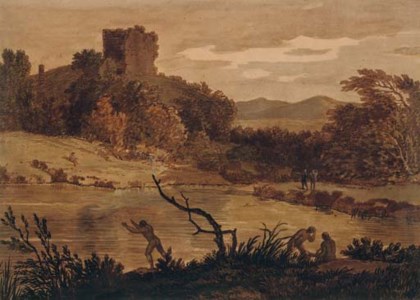 A landscape with men bathing and a ruined tower beyond