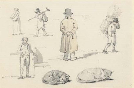 A sheet of figure and animals studies, including a man looking over a wall and cats sleeping