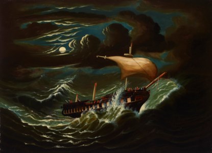 STORM-TOSSED FRIGATE IN MOONLIGHT