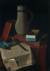 Salt Glazed Beaker, Books, Pipe, Matches, Tobacco Box and Newspaper
