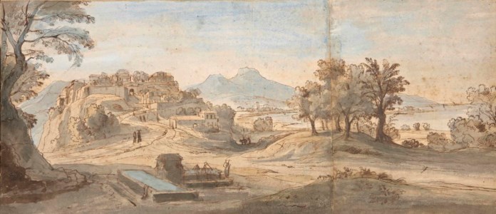 A coastal landscape with a fortified town to the left, and mountains in the background