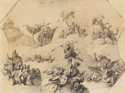 Design for the ceiling of the Grand Ballroom of the Stroganov Palace in Saint Petersburg: A prince delivered by Mercury to Jupiter and Juno, with Minerva banishing the Vices; and A design for the border of the ceiling decoration in the Grand Hall of the Stroganov Palace
