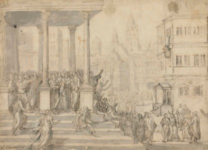 The poet Virgil suspended in a basket