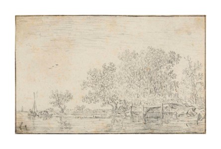 A river landscape with fishermen in boats