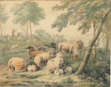 Sheep in a wooded landscape with peasants in the background