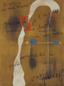 Joan Miró, Painting-Poem ("le corps de ma brune puisque je l'aime comme ma chatte habillée en vert salade comme de la grêle c'est pareil")