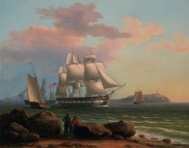 An American Merchantman Backing Her Sails As She Heaves-to Off A Rocky Shore