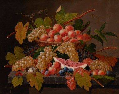 Ornate Table Top Still Life with Summer Fruits and Bird's Nest