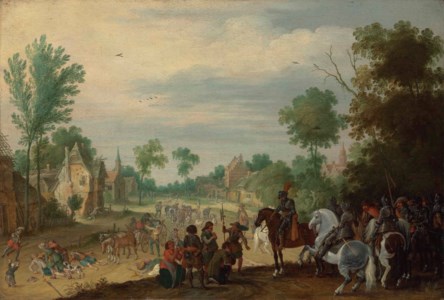 Soldiers on horseback plundering a village