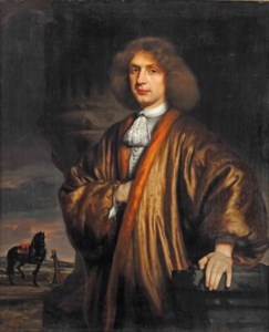 Portrait of a gentleman, half-length, in a 'japonsche rock', a black stallion tethered to a post in an open landscape beyond