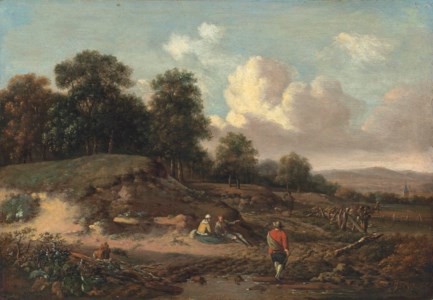A wooded river landscape with figures resting by a sandbank, a traveller and a dog on a path, a church beyond