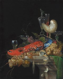 A lobster on a white porcelain platter with grapes and a partly-peeled lemon, a nautilus cup, a roemer and façon-de-Venise wineglasses, on a stone ledge, with a snail and a butterfly