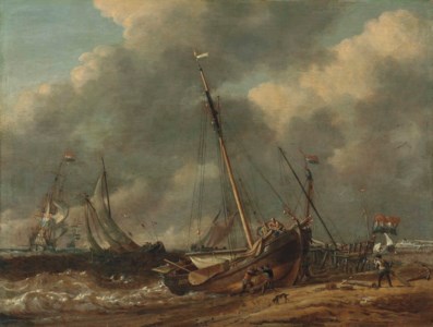 A statenjacht and schmalschips in choppy waters, figures landing a schmalschip on the shore