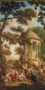 A bacchanal in a wooded landscape, a temple with an offer to Bacchus beyond, in a trompe l'oeil frame