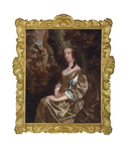 Portrait of Diana Russell, Lady Newport (1624-1694), three-quarter-length, in an oyster satin dress embellished with jewels, in a wooded landscape