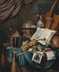 A globe, a casket of jewels and medallions, books, a hurdy-gurdy, a bagpipe, a lute, a violin, an upturned silver tazza and roemer , a nautilus shell, a recorder, a shawm, a print with a self-portrait of the artist and a musical score on a draped table, a curtain above