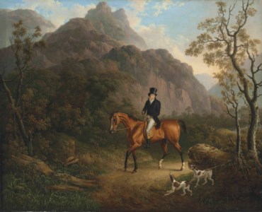 A mountainous landscape with a gentleman on a chestnut hunter, accompanied by two pointers