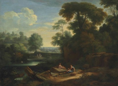 An Italianate wooded landscape with Arcadian figures resting beside a lake, the Pyramid of Cestius beyond