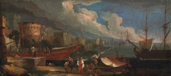 A coastal landscape with figures conversing on the harbour and anchored ships beyond