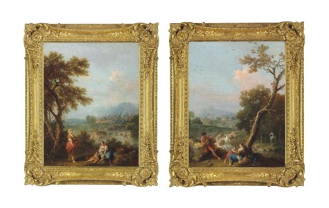 An Italianate landscape with washerwomen, a child playing and a man fishing beyond; and An Italianate landscape with young women and a fisherman before a cascade