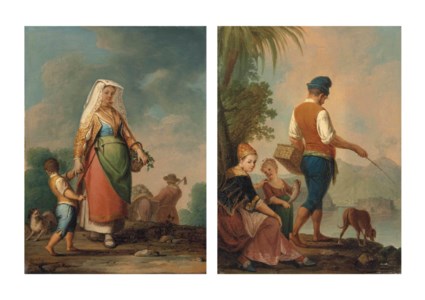 A mother and child in Neapolitan dress gathering vegetables, a farmer harvesting beyond; and A family in traditional Neapolitan dress fishing beside a river, a mountainous landscape beyond