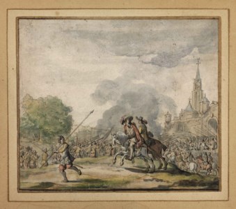 Cavalry and infantry marching past a fortified town with a church