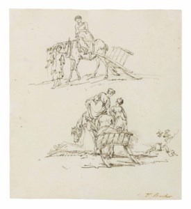Study of a tree branch; and Studies of two sherpherdesses with a horse and cart