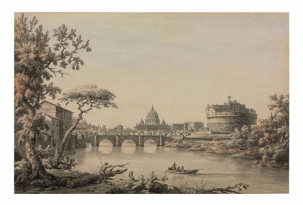 A view of the Tiber with Saint Peter's and the Castel Sant'Angelo, Rome in the distance