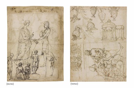 Studies of figures ( recto ), Studies of a temple, helmets, urns and a scroll design, St. John the Baptist, and a mother and child ( verso )