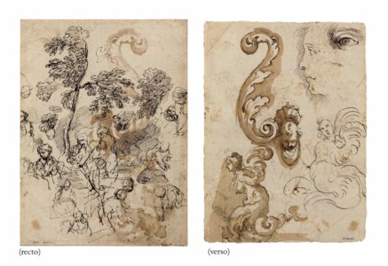 Studies of trees, a mother and child, other women, and figures kneeling forward ( recto ), Studies of a harpy, a scroll design, a profile and an eye ( verso )