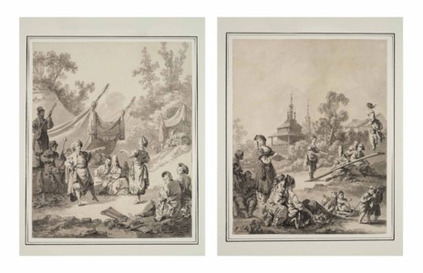 Two Russian genre scenes: The Russian dance; and Young women and children at play