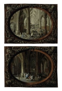 Interior of a Gothic church by day; and Interior of a Gothic church by night