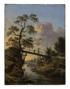 A stream with a peasant woman crossing a footbridge