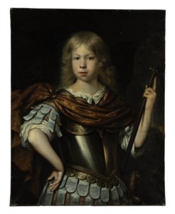 Portrait of a boy, possibly Willem van Liere (1653-1706), as Mars, in classical dress with a cuirass, sword and halberd, in a landscape
