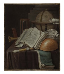 A vanitas still life with an open book, a lute, recorders, scores, a globe and an hourglass on a draped table