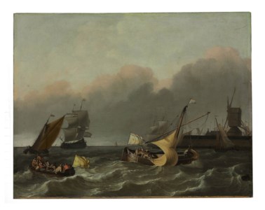 Ships on the IJ River, off the Leeuwenberg jetty and the windmill 'De Bok'