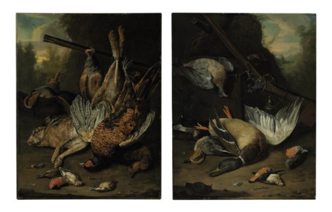 Still life with a hare, mallard, pheasant, grouse, wood pigeon, kingfisher and a hunting rifle in a landscape; and Still life with a mallard, duck and game birds with a hunting rifle in a landscape